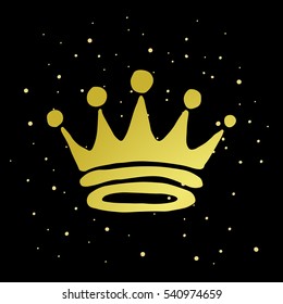 Hand drawn gold crown on the dark background.
King and queen crown doodle style. Vector illustration.