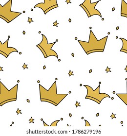 Hand drawn gold crown and stars seamless pattern. Little princess, luxury and glamour theme vector background. Easy to edit template for fabric, textile, wrapping paper, etc.