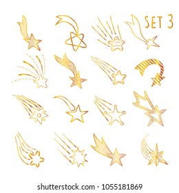 Hand drawn gold doodle stars and comets icons collection. Kids style sketches. Set 1. Vector illustration