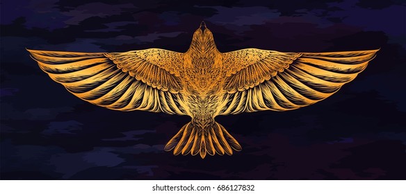 Hand drawn gold dove on the dark blue background. Boho chic. Vector illustration. Design for tattoo art, print for t shirt, sketch of jewelry. Symbol of freedom.