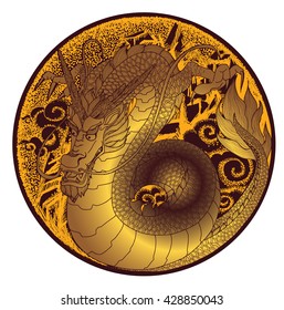 hand drawn gold dragon on circle,Dragon logo or dragon label vector style,