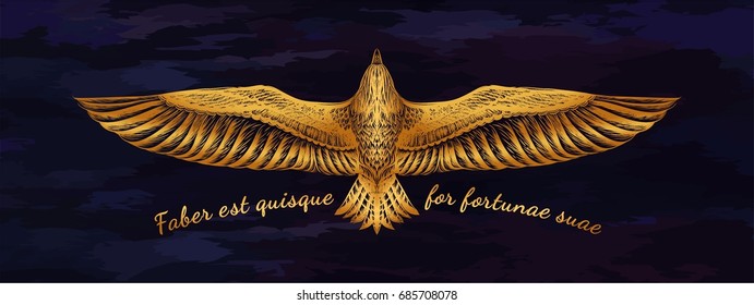 Hand drawn gold eagle on the dark blue background. Sketch for tattoo art, jewelry, pendant. Flight of bird. Vector illustration. Boho chic. Fairy peacock.