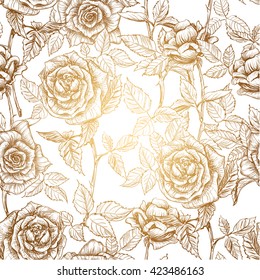  hand drawn gold elegant seamless pattern of roses and petals in old engraving style