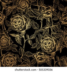 handgezeichnete goldfarbene, elegante, nahtlose Muster von Rosen und Blütenblättern im alten Gravierstil. goldene Rose auf schwarzem Hintergrund