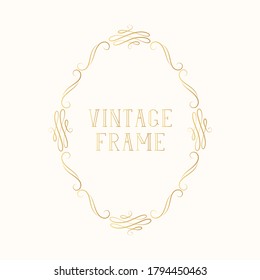 Hand drawn gold filigree ornate classic wedding border. Vintage oval royal frame with swirls and scrolls for certificate.  Vector isolated golden calligraphic invitation card template.