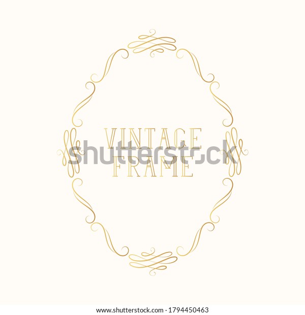 Hand drawn gold filigree ornate classic wedding\
border. Vintage oval royal frame with swirls and scrolls for\
certificate.  Vector isolated golden calligraphic invitation card\
template.