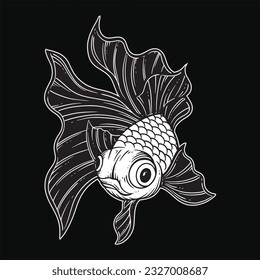 Hand Drawn Gold Fish Aquatic Black White Vintage Dark Art for Tattoo and Clothing illustration