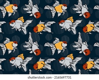 Hand drawn Gold Fish seamless pattern with japanese waves. Modern exotic design for textile, paper, cover, fabric, interior decoration and other media or template.