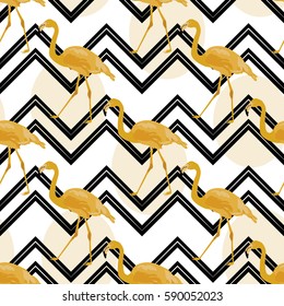 Hand drawn gold flamingo with chevron background. Vector illustration. Exotic bird. Seamless pattern background