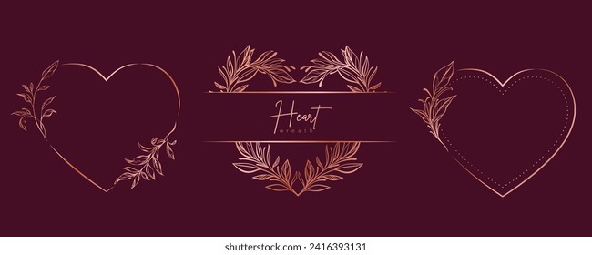 Hand drawn gold floral heart wreath and leaves. Flower botanical frame for monogram, wedding logo, invitation, postcard, and more. Vintage ornament vector illustration isolated on white background.