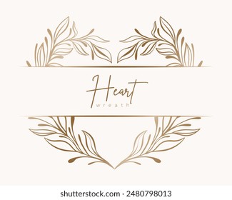 Hand drawn gold floral heart wreath and leaves. Flower branch botanical frame for monogram, wedding logo, invitation, postcard, and more. Vintage ornament illustration isolated on white background.	