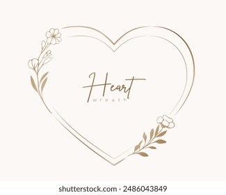 Hand drawn gold floral heart wreath and leaves. Flower branch botanical frame for monogram, wedding logo, invitation, postcard, and more. Vintage ornament illustration isolated on white background.