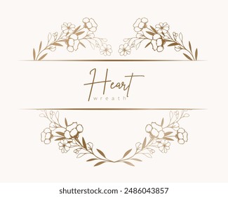 Hand drawn gold floral heart wreath and leaves. Flower branch botanical frame for monogram, wedding logo, invitation, postcard, and more. Vintage ornament illustration isolated on white background.