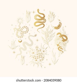 Hand drawn gold сelestial floral snakes frame. Golden mystical print with serpents and branches for  t-shirt design, fabric, cards and covers.