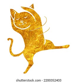 Hand drawn gold foil texture dancing cat. Vector illustration.