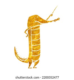 Hand drawn gold foil texture crocodile holding stick. Vector illustration.