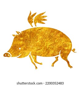 Hand drawn gold foil texture flying pig. Vector illustration.