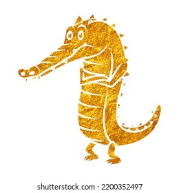 Hand drawn gold foil texture depressed alligator cartoon character. Vector illustration.