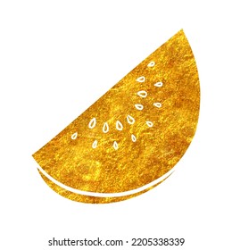 Hand drawn gold foil texture fruit slice hand drawn. watermelon or melon. Vector illustration.