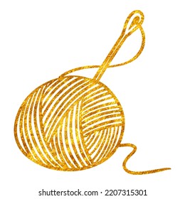 Hand drawn gold foil texture Yarn and needles illustration. Hand craft.