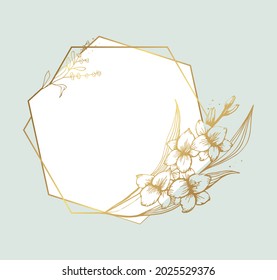 Hand drawn gold gladiolus flower and laveneder geometric frame in cute doodle style. Luxury vector llustration for postcard, wedding invitations, birthday, print, thank you card. Copy space for text.