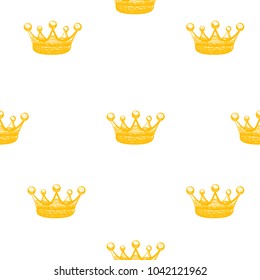 Hand drawn gold King crown seamless pattern on the white background. Vintage engraved illustration. Element for design logo, emblem and tattoo. Coloring book for girly princess, kids and adults.