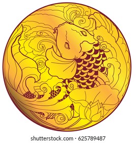 hand drawn gold koi fish in circle, Japanese carp line drawing coloring book vector image