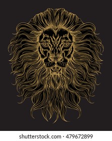 Hand drawn gold lion head in line art and dot work trendy style. Hipster t-shirt design. Vector animal illustration on black