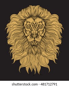 Hand drawn gold lion head in line art and dot work trendy style. Hipster t-shirt design. Vector animal illustration on black