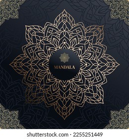Hand drawn gold luxury ornament mandala with floral elements. Decorative golden gradient pattern. Beautiful vintage ornament. Ethnic mosaic oriental vector sketch illustration on dark blue background