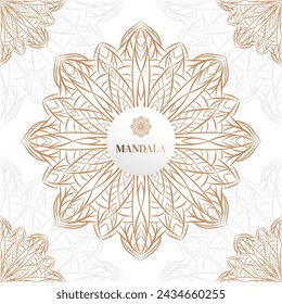 Hand drawn gold luxury ornamental mandala with floral elements. Decorative golden pattern. Beautiful vintage curls ornament. Ethnic mosaic oriental vector sketch illustration on white background