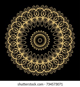 Hand drawn Gold Mandala on a black background. Vector pattern. for greeting card, invitation, yoga and spa symbol
