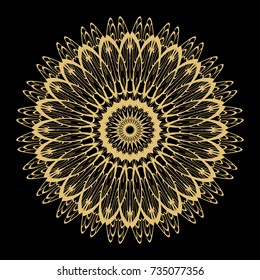 Hand drawn Gold Mandala on a black background. Vector pattern. for greeting card, invitation, yoga and spa symbol
