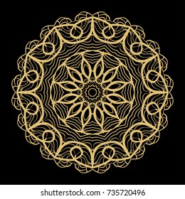 Hand drawn Gold Mandala on a black background. Vector pattern. for greeting card, invitation, yoga and spa symbol