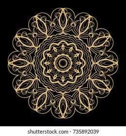 Hand drawn Gold Mandala on a black background. Vector pattern. for greeting card, invitation, yoga and spa symbol