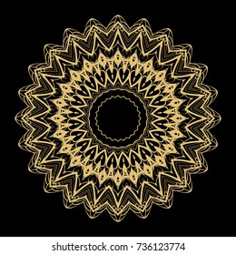 Hand drawn Gold Mandala on a black background. Vector pattern. for greeting card, invitation, yoga and spa symbol