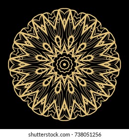 Hand drawn Gold Mandala on a black background. Vector pattern. for greeting card, invitation, yoga and spa symbol