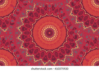 Hand drawn Gold Mandala Seamless Pattern. Arabic, indian, turkish and ottoman culture decoration style. Ethnic ornamental background. Magic vintage template of greeting, print, cloth, tattoo. Vector