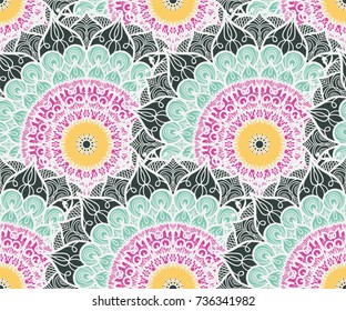 Hand drawn Gold Mandala Seamless Pattern. Arabic, indian, turkish and ottoman culture decoration style. Ethnic ornamental background. Magic vintage template of greeting, print, cloth, tattoo. Vector