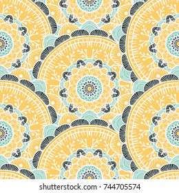 Hand drawn Gold Mandala Seamless Pattern. Arabic, indian, turkish and ottoman culture decoration style. Ethnic ornamental background. Magic vintage template of greeting, print, cloth, tattoo. Vector