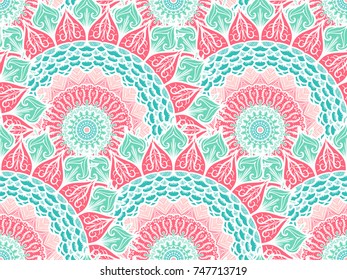 Hand drawn Gold Mandala Seamless Pattern. Arabic, indian, turkish and ottoman culture decoration style. Ethnic ornamental background. Magic vintage template of greeting, print, cloth, tattoo. Vector
