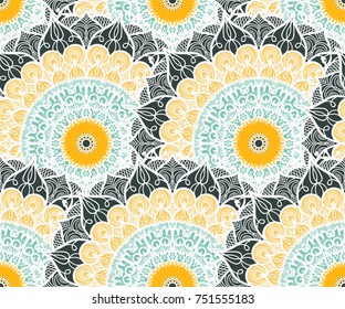 Hand drawn Gold Mandala Seamless Pattern. Arabic, indian, turkish and ottoman culture decoration style. Ethnic ornamental background. Magic vintage template of greeting, print, cloth, tattoo. Vector