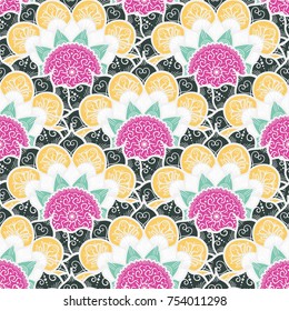 Hand drawn Gold Mandala Seamless Pattern. Arabic, indian, turkish and ottoman culture decoration style. Ethnic ornamental background. Magic vintage template of greeting, print, cloth, tattoo. Vector