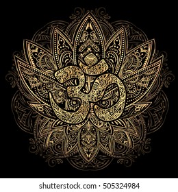 Hand drawn gold on black ornate vector ornamental Lotus Tattoo, ith Om, as a spiritual symbol of India, ethnic art. Spiritualism, magical symbols for astrology and alchemy in boho style.