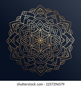 Hand drawn gold ornament mandala with floral elements on dark blue background. Decorative golden gradient pattern. Beautiful vintage ornament. Ethnic mosaic oriental vector outline sketch illustration