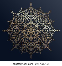 Hand drawn gold ornament mandala with floral elements on dark blue background. Decorative golden gradient pattern. Beautiful vintage ornament. Ethnic mosaic oriental vector outline sketch illustration