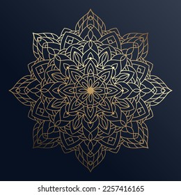 Hand drawn gold ornament mandala with floral elements on dark blue background. Decorative golden gradient pattern. Beautiful vintage ornament. Ethnic mosaic oriental vector outline sketch illustration
