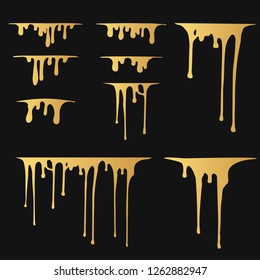 Hand drawn gold paint splatter, melt. Liquid golden leak. Ink drops. Vector isolated illustration.