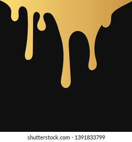 Hand drawn gold paint splatter. Fluid background. Glitter ink drip. Melting graffiti drops. Vector isolated golden grunge stain.