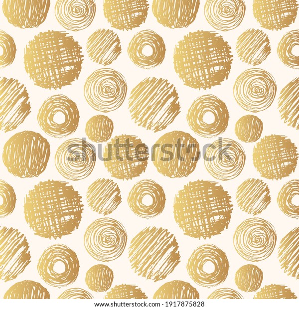 Hand drawn gold pencil\
scribbles seamless pattern. Vector isolated edge torn golden\
texture with rough foil circles. Round shapes background for\
wrapping paper. 